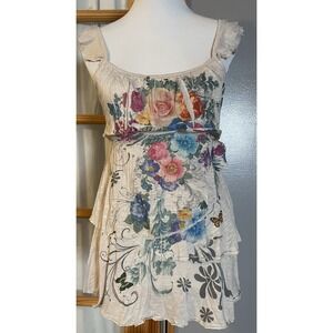 Nico LA Layered Floral Top Sz S Crinkly Beige Green Flutter Sleeve Boho Clubwear
